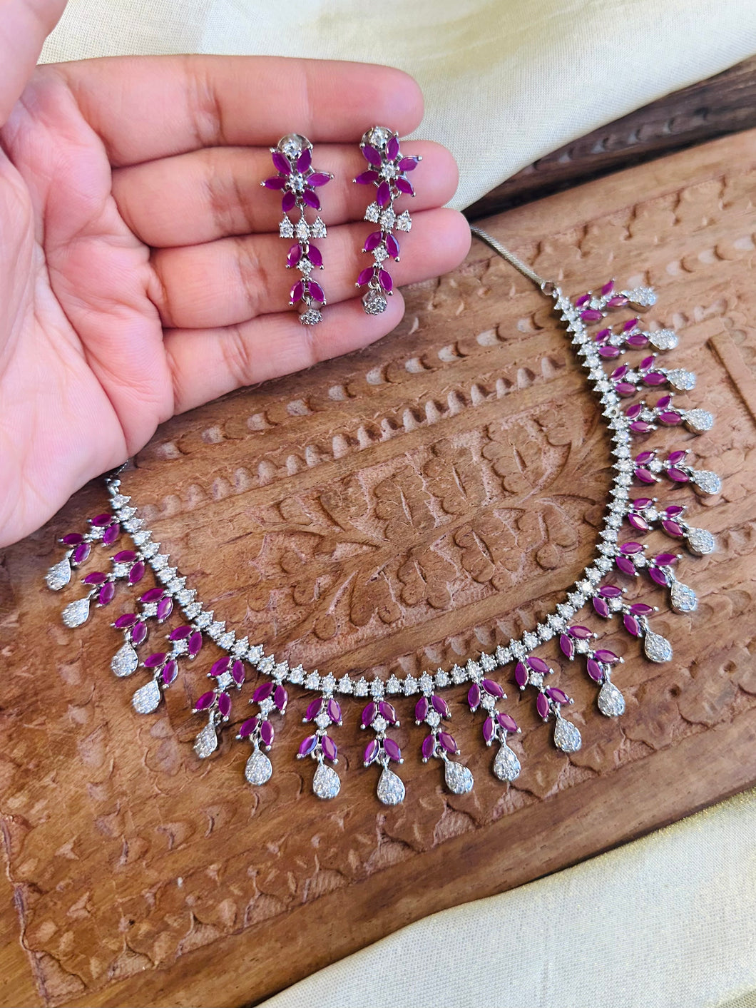 Hot Pink Silver dainty American Diamond Necklace set