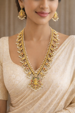 Load image into Gallery viewer, TRENDING Kemp Stone Cz Lakshmi ji Long Guttapusalu Pearl Necklace set
