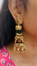Load image into Gallery viewer, Lakshmi ji Chatri Big hydro stone beads pearl jhumka earrings temple jewelry
