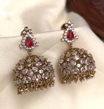 Load image into Gallery viewer, Temple Cz Bridal Jhumka golden Ethnic Earrings
