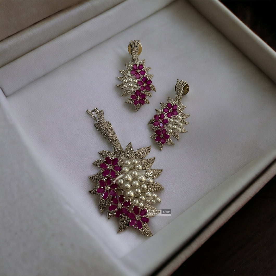 American Diamond Silver Pearl Flower Pendant set