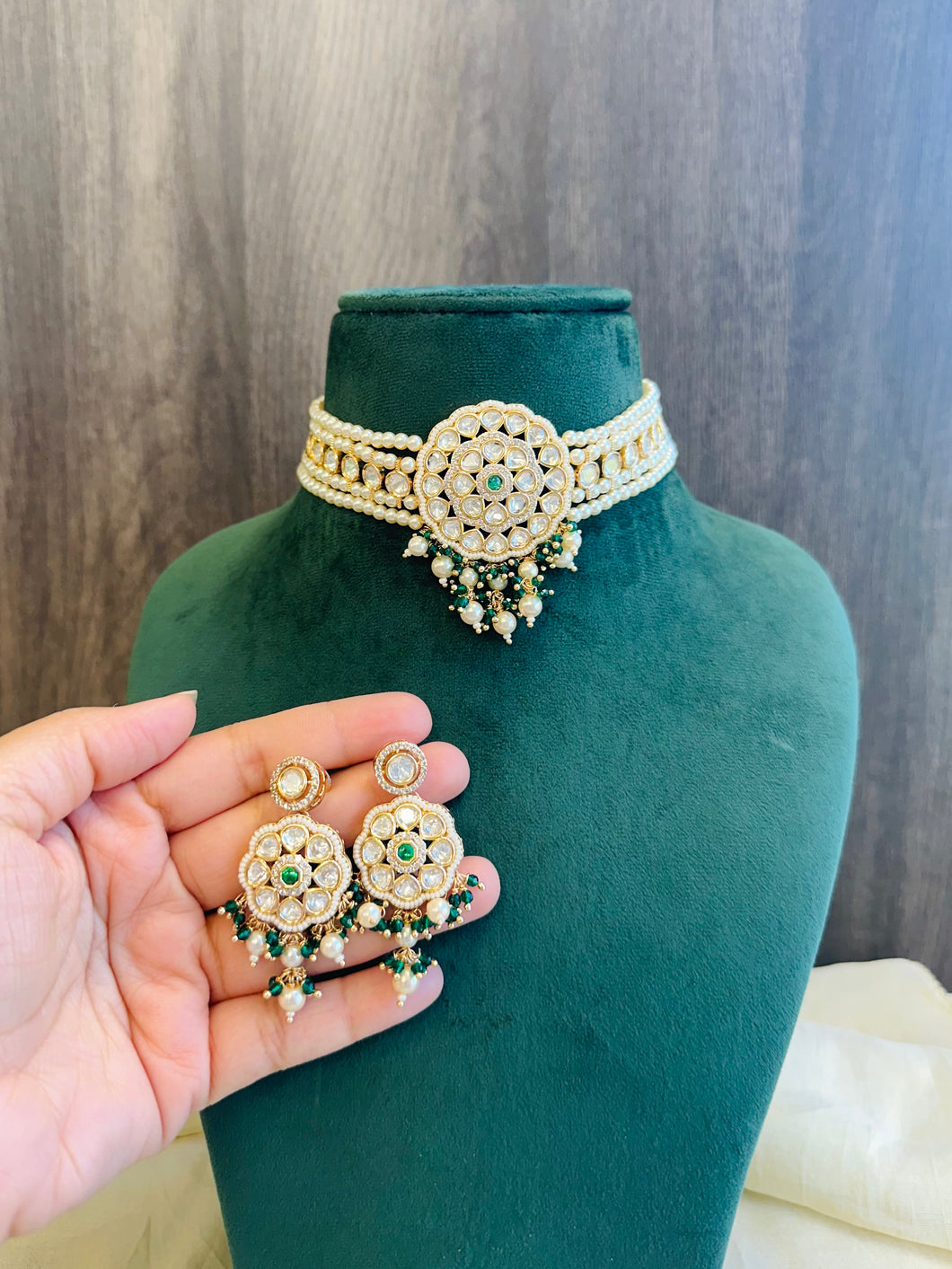 Green pearl Tayani premium Gold plated Choker necklace set