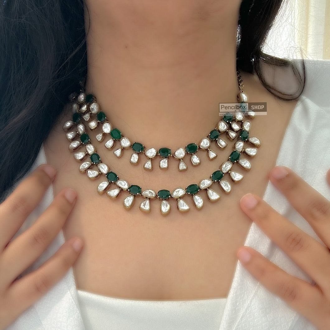 Double Layered gold plated Green Tayani Necklace set