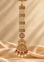 Load image into Gallery viewer, Tayani Kundan Ruby 22 Carat Gold Plated Earrings with Hair Chain and Pearl Detailing Premium
