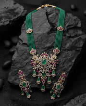 Load image into Gallery viewer, Solitaire Long Green Peacock Multicolor MM Necklace set

