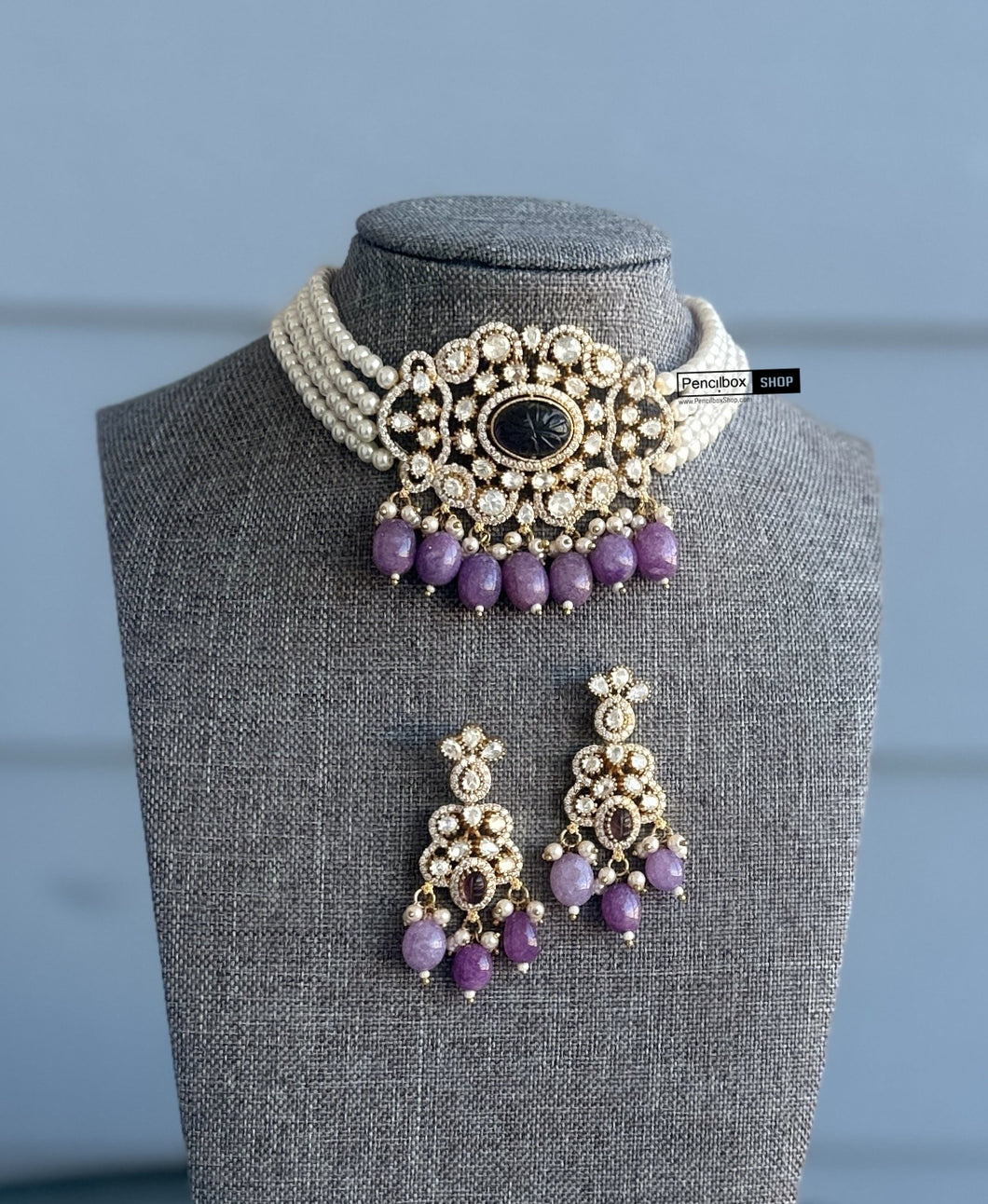 Purple Golden moissanite Choker Necklace set