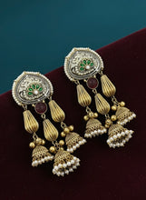 Load image into Gallery viewer, Three jhumkas 92.5 silver coated Fusion Ghungroo Kashmiri earrings

