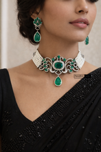 Load image into Gallery viewer, Green Silver Pearl Celebrity American Diamond Choker necklace set
