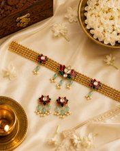 Load image into Gallery viewer, Lotus enamel Choker Beaded Necklace set Ethnic
