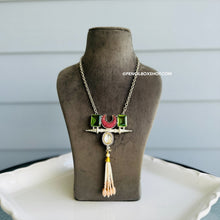 Load image into Gallery viewer, Kundan Sea Green Natural Stone Afghani German Silver Long Pendant necklace
