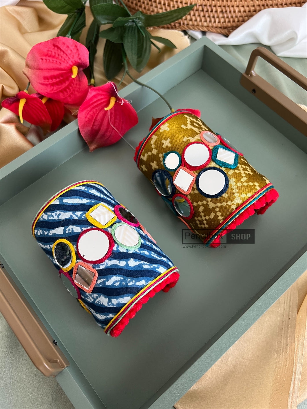Handmade Mirror Openable  adjustable Cuff Patola  Fabric bangle Kada