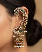 Load image into Gallery viewer, Pair Of Peacock Kemp Stone Jhumka Ear cuff Earrings
