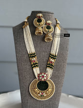 Load image into Gallery viewer, Long White pearl Long elephant Necklace set Temple Jewelry
