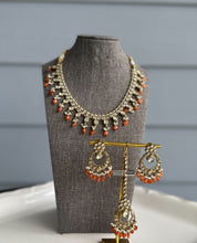 Load image into Gallery viewer, Radhs Light orange Kundan Polki Necklace Set with Maangtikka
