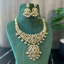 Load image into Gallery viewer, Golden Purple Peacock Kundan Polki Temple ethnic Necklace set

