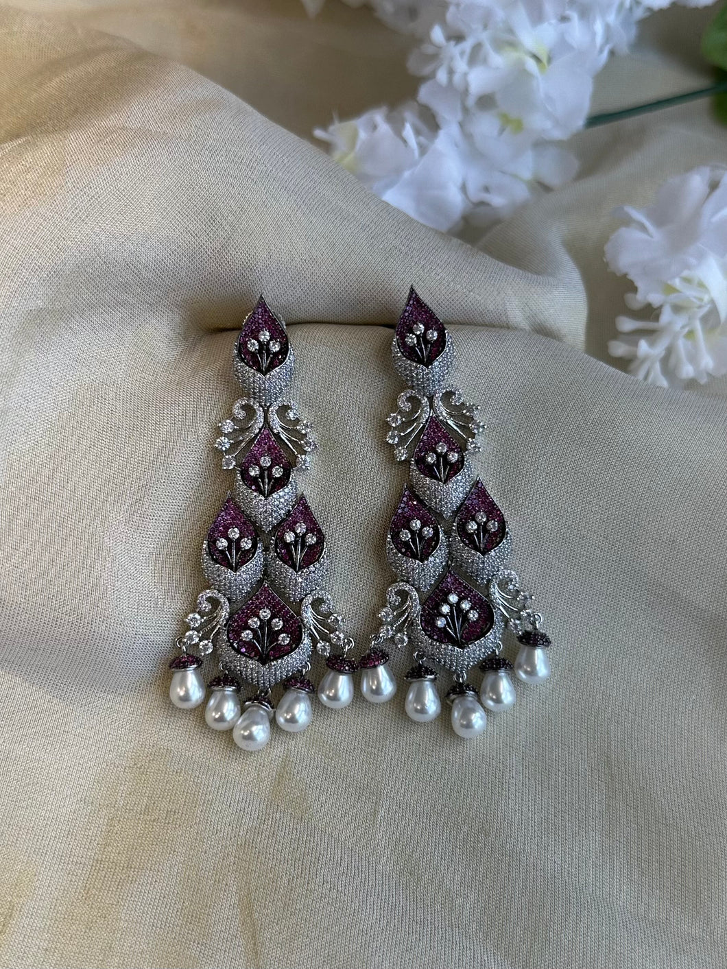 Statement Pearl Invisible American Diamond Solitaire Dangling Earrings
