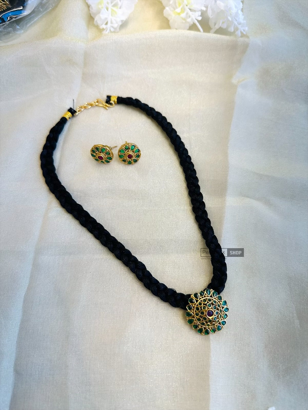 Ruby green Golden Dainty Black Thread Temple ethnic Necklace set