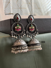 Load image into Gallery viewer, Long Dangling German Silver Pachi Kundan jhumka earrings
