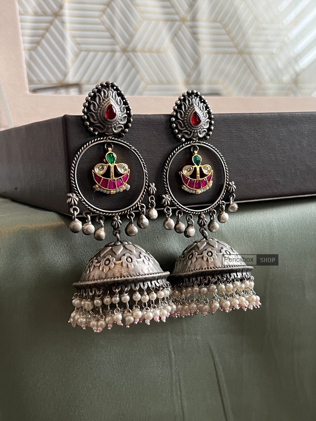 Long Dangling German Silver Pachi Kundan jhumka earrings