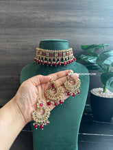Load image into Gallery viewer, Ruby Polki Kundan Golden Pearl Choker Necklace set with Maangtikka
