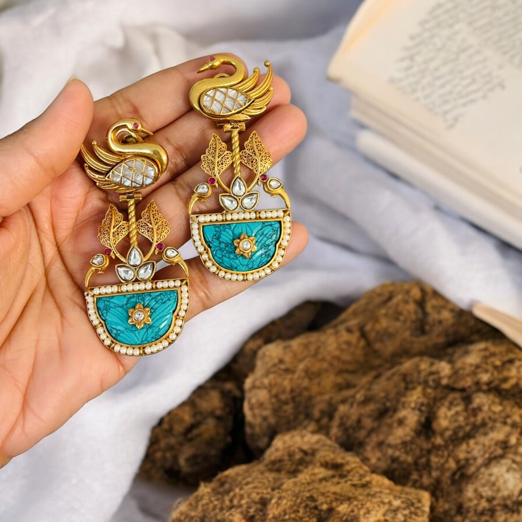 Inlay turquoise Peacock Golden carved Earrings