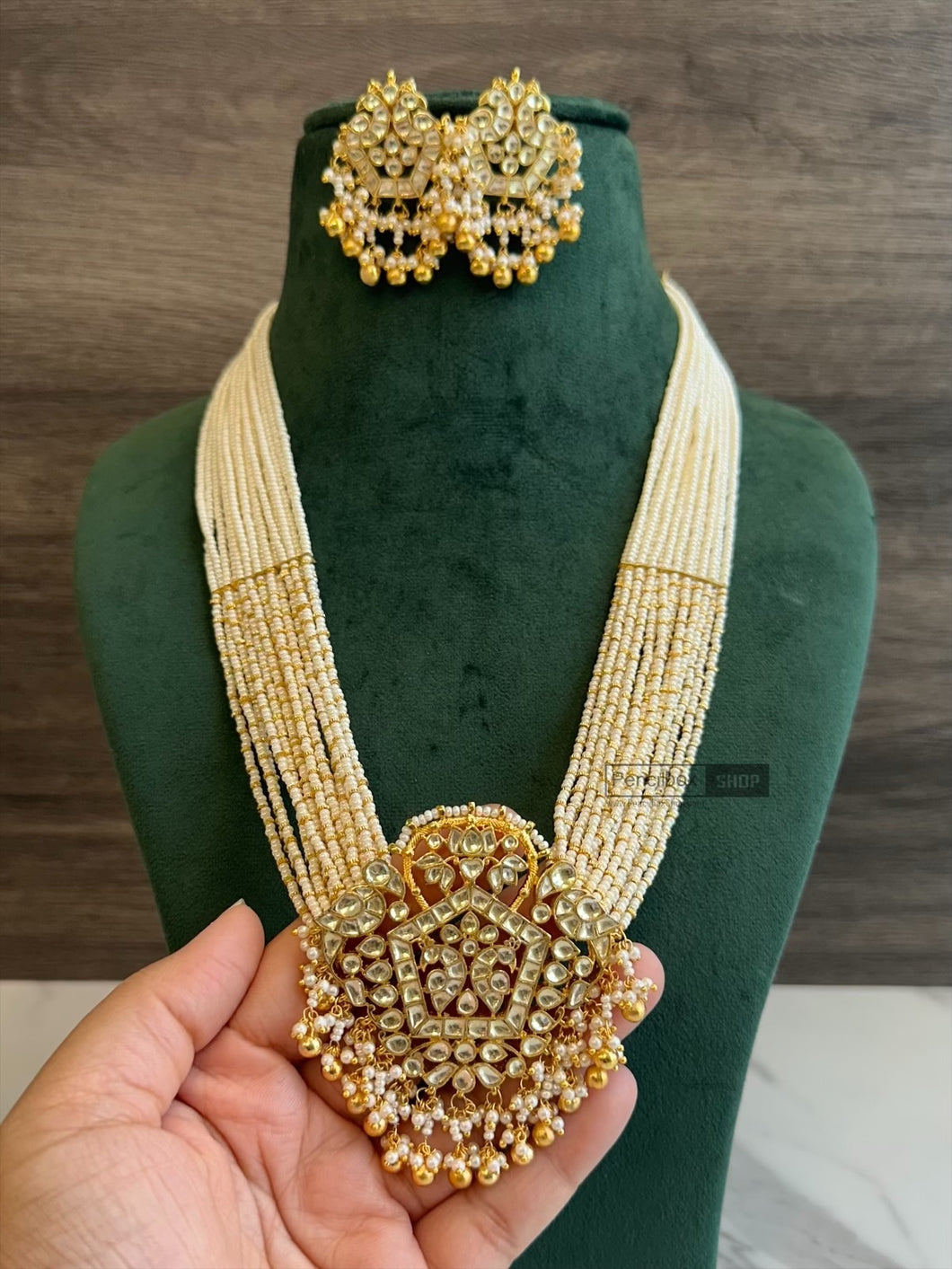 White Pearl Peacock Pachi Kundan long Mala set