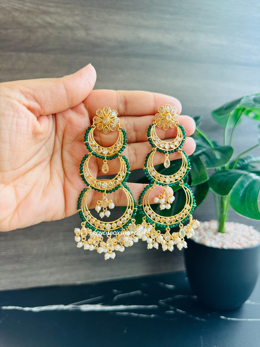 14k Gold plated Green Three layered Chandbali Jhumka earrings