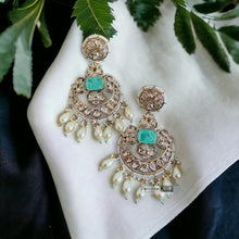 Load image into Gallery viewer, Mint 22k Gold plated Tayani chandbali  Beads Stone Earrings
