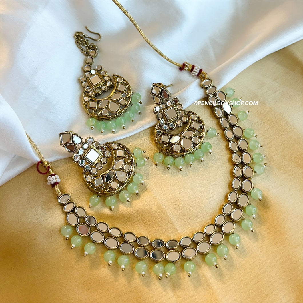 Mint Simple Mirror Necklace set with maangtikka