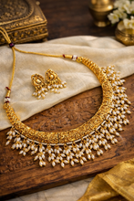 Load image into Gallery viewer, Dainty Pearl Hasli Carved Temple Ethnic Necklace set
