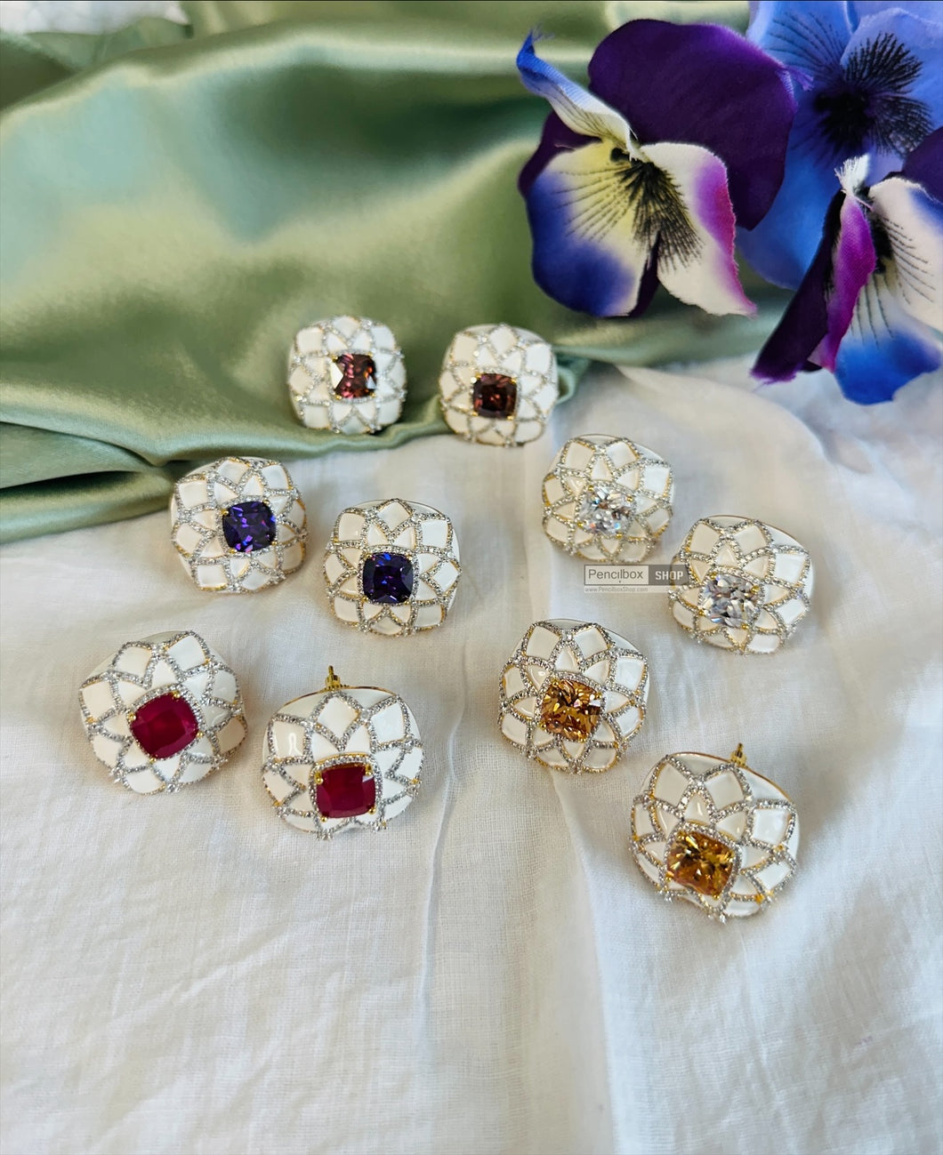 White Enamel Cz Square american diamond Designer Stud earrings