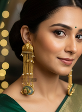 Load image into Gallery viewer, 92.5 coated Fusion Long Ghungroo Lakshmi ji Carved stone pearl Kashmiri earrings
