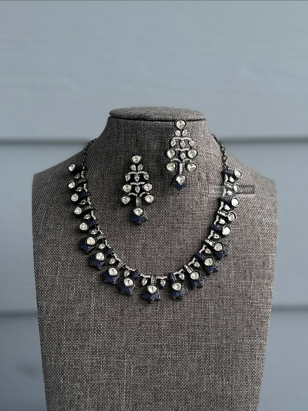 Lena-Blue American Diamond Invisible Setting Dainty Victorian Finish necklace set