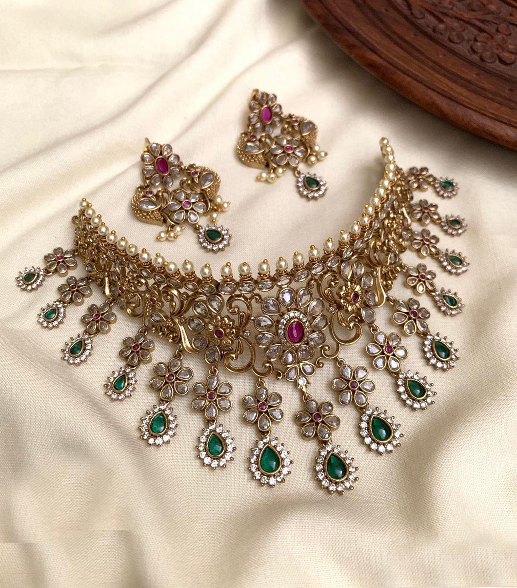 Premium Kemp stone Cz Heavy Choker necklace Temple set