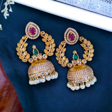 Load image into Gallery viewer, Multicolor Leaf Temple Gold Finish Stone Glass Stone jhumka cz earrings
