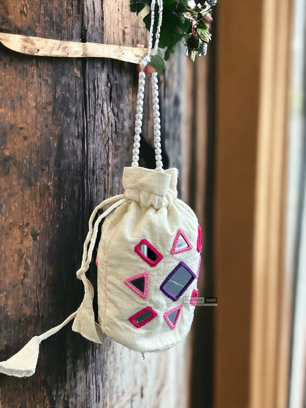 Handmade Mirror pink shades Cotton pearl potli bag