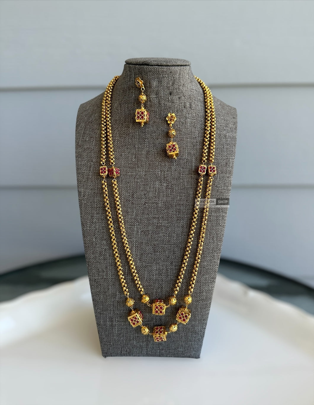 Ruby Simple Double Matar Mala temple necklace set