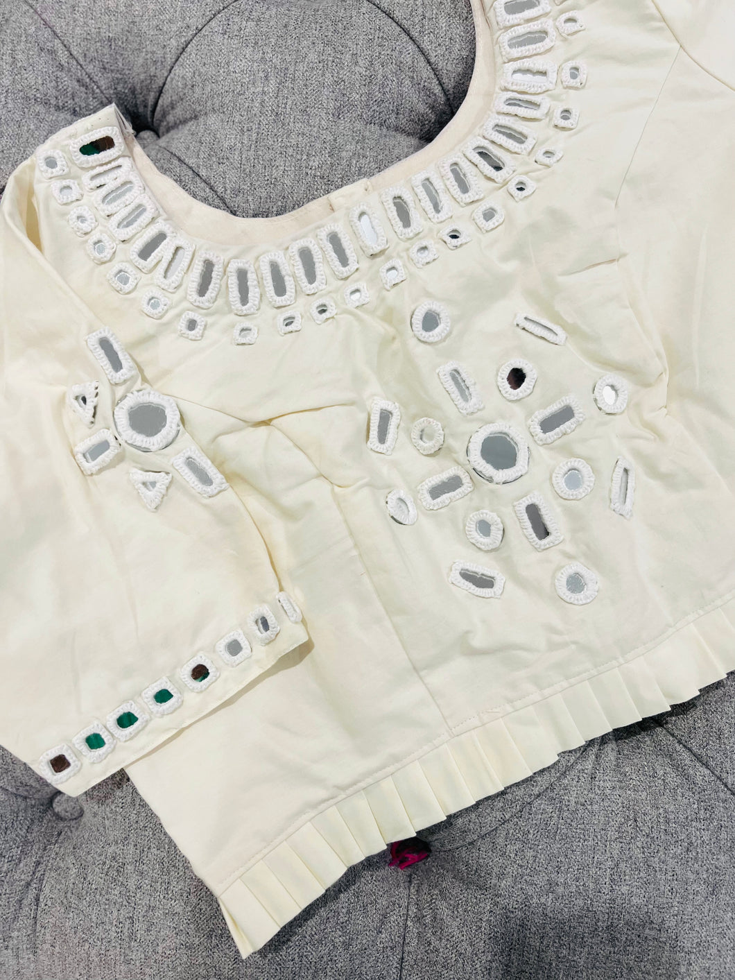 White Handmade Mirror back open Blouse