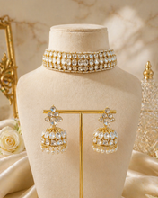 Load image into Gallery viewer, White  Sunheri Kundan Gold Plated Moissanite Stone Choker Necklace set
