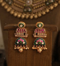 Load image into Gallery viewer, Heritage Rajwadi Green Ruby Elephant Pearl Designer Statement Necklace set
