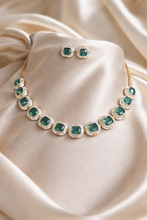 Load image into Gallery viewer, Emma White Green Enamel Designer Inspired Dainty American Diamond Necklace set
