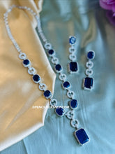 Load image into Gallery viewer, Tara-American Diamond Royal Blue Silver Finish Long Designer Necklace set
