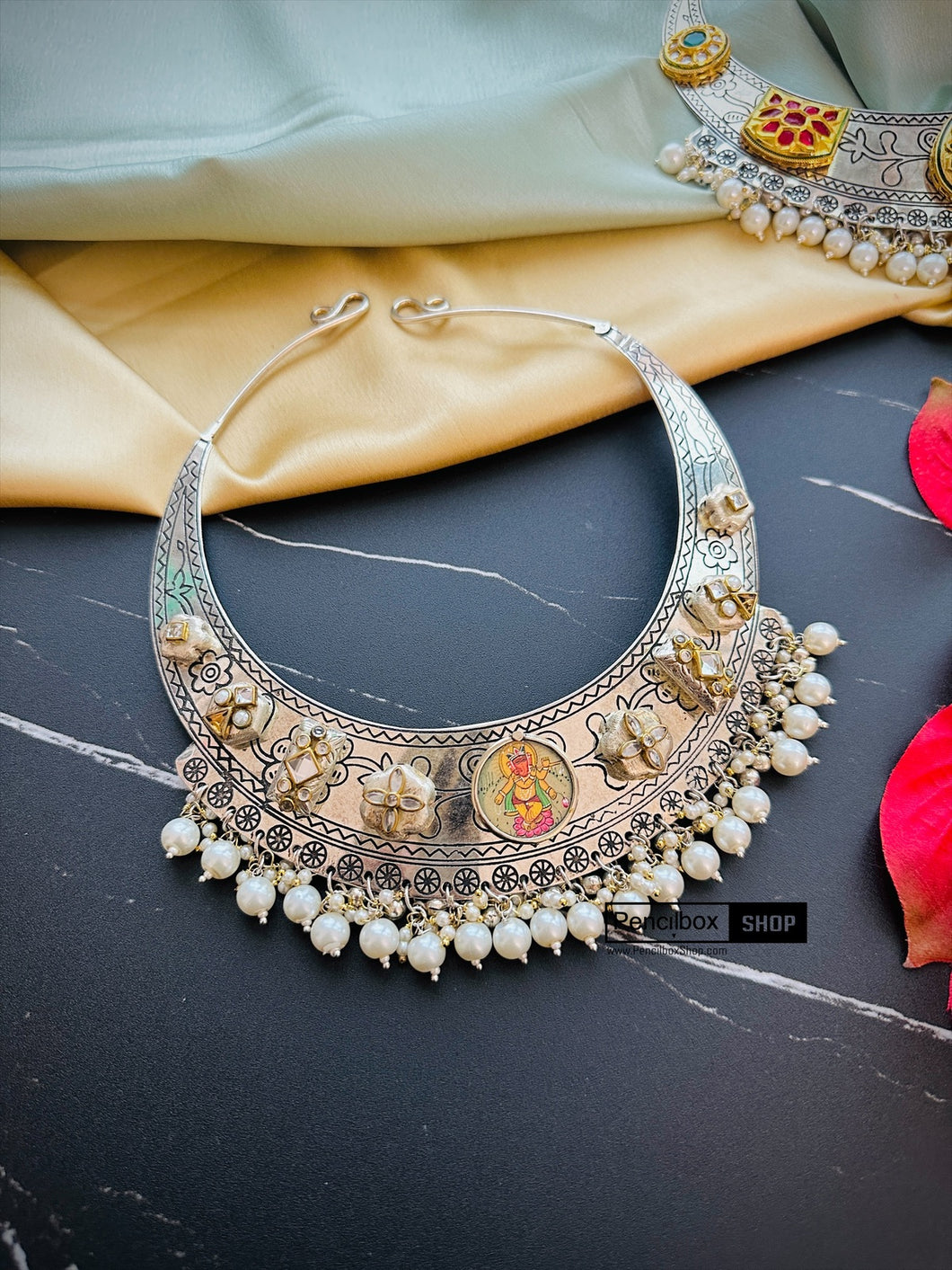 Ganesha Silver German silver Navratna Multicolor Hasli Necklace