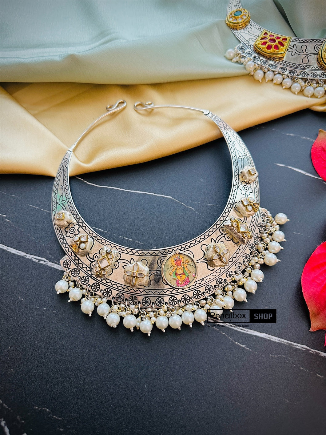 Ganesha Silver German silver Navratna Multicolor Hasli Necklace