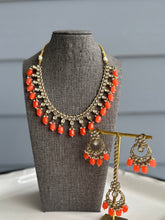 Load image into Gallery viewer, Radhs Orange Golden Kundan Polki Necklace Set with Maangtikka
