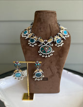 Load image into Gallery viewer, German silver Dual Tone peacock big stone statement  necklace set
