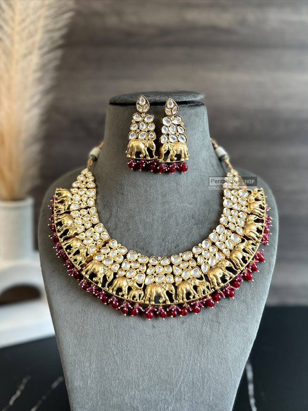 22k gold plated Tayani elephant ruby Designer Statement Necklace set