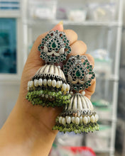 Load image into Gallery viewer, German silver Lookalike Pearl Peacock jhumka earrings
