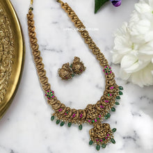 Load image into Gallery viewer, Lakshmi ji Pachi Kundan Double pendant long haram necklace set
