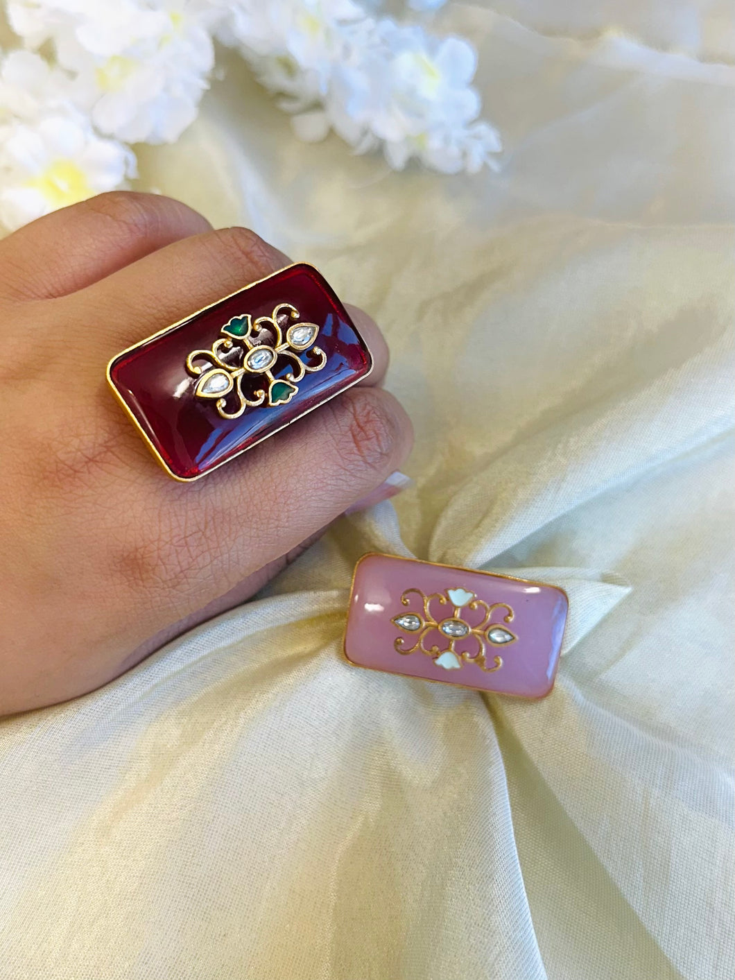 Inlay Work Rectangle Moissanite Brass Adjustable Ring